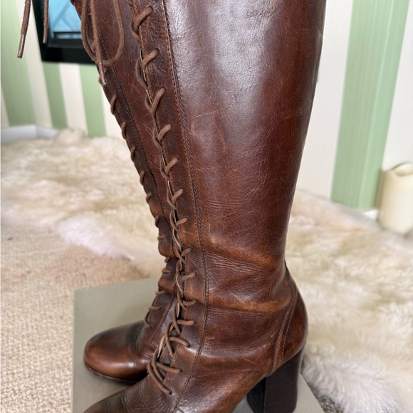 Frye Dark Brown knew high Leather Lace-Up Heeled Boots, size 10 - Picture 12 of 12